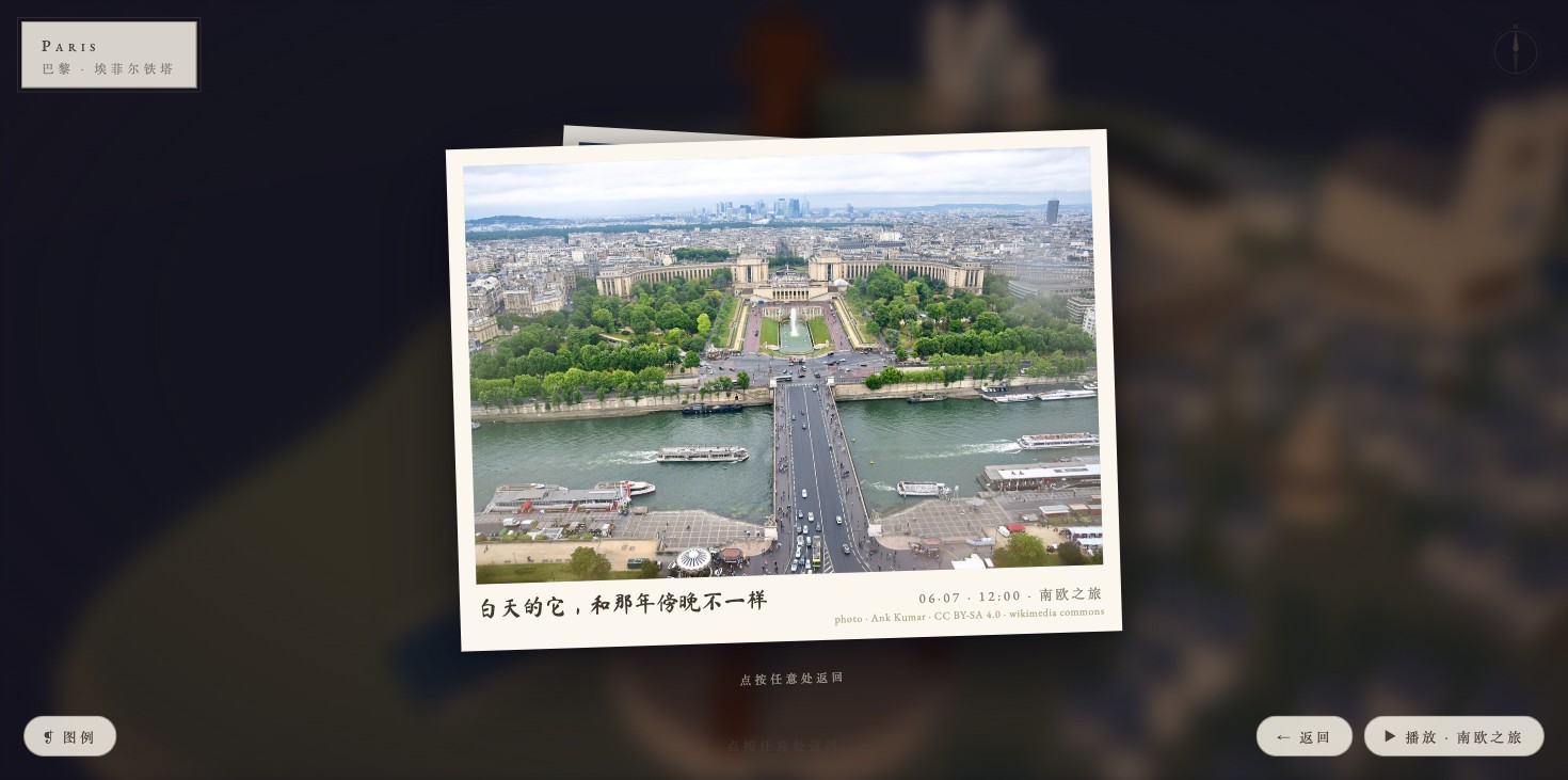 A photo memory in LifeAtlas: a real postcard of Paris floating above the world, with caption and photo credit.